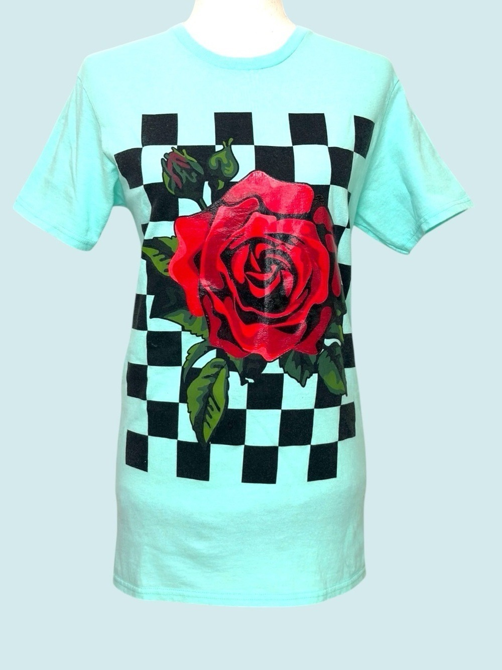 90s Red Rose Checkerboard Rubberized Graphic Tee S Teal Cyber Y2K Indie Sleaze - Picture 2 of 7